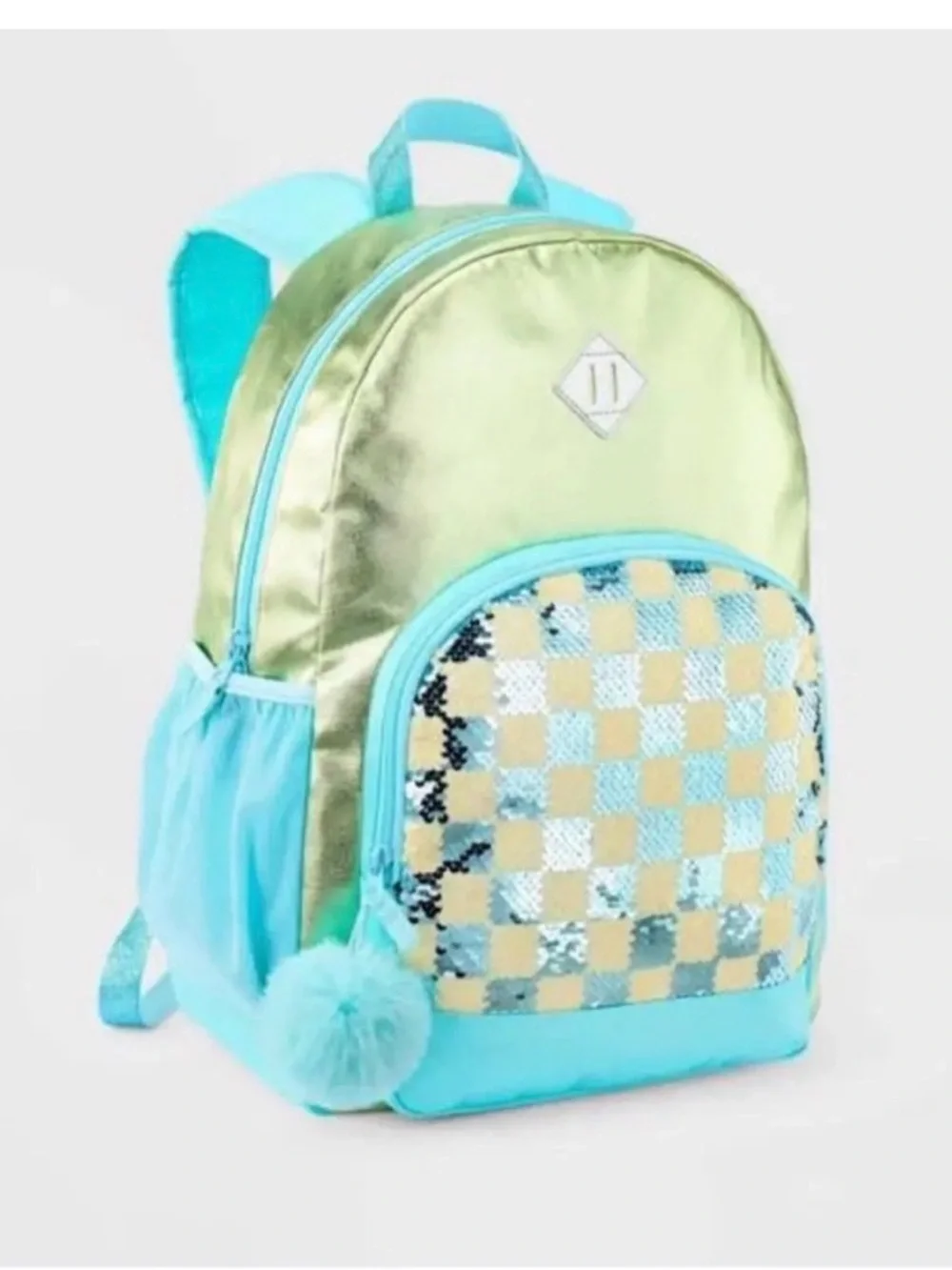 Cat & Jack Metallic Lime Green and Aqua Sequin Kids Backpack